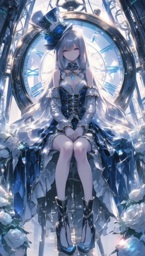 upper body of  a young girl with long silver hair and glowing pale skin sits gracefully in front of a massive silver pocket watch. She wears an ornate deep blue and white dress with crystal accents, high-heeled boots, and a top hat adorned with a blue rose...