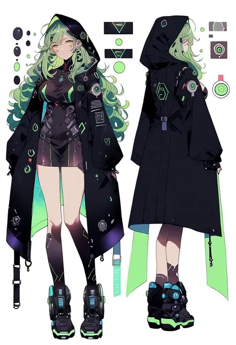 safe_pos, score_9, score_8_up, score_7_up, source_anime, 1girl, detailed face, <lora:cyberwitches:1>, cyberwitches, black hood, cyberpunk, anime color, Reference sheet, conceptart, multiple views, white background, simple background, long hair, green hair,...