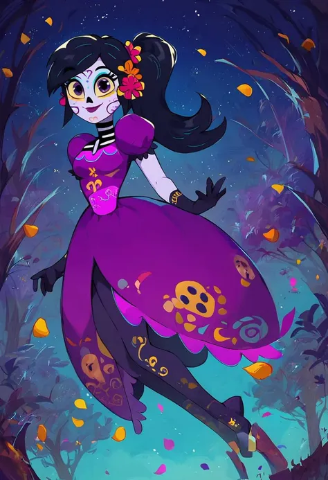 score_9, score_8_up, score_7_up, 1girl, solo, Catalina la catrina, black hair, ponytail, hair flower, yellow sclera, purple skin, purple eyes, makeup, bodypaint, medium breasts, purple dress, puffy sleeves, black gloves, dynamic angle, night sky, stars, wi...