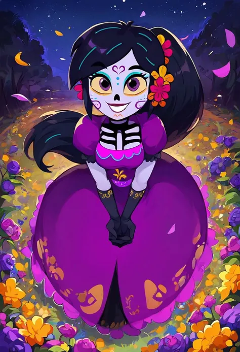 score_9, score_8_up, score_7_up, 1girl, solo, Catalina la catrina, black hair, ponytail, hair flower, yellow sclera, purple skin, purple eyes, makeup, bodypaint, medium breasts, purple dress, puffy sleeves, black gloves, dynamic angle, night sky, stars, wi...