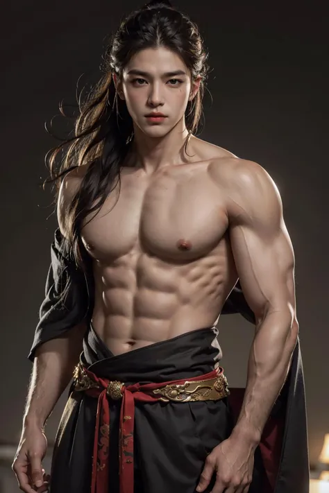 (waist up:1.2) (male:1.4), wide shoulder, big shoulder, scar, mascular, bodybuilder, ancient chinese background, half naked, kungfu, masterpiece, best quality, highres, Man with long black hair,young,Handsome face,(Lateral face) ,solo,sad  <lora:GFman:0.6>