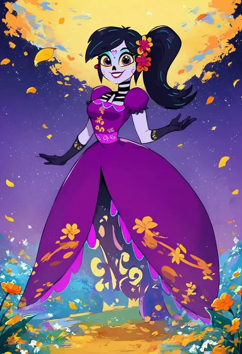 score_9, score_8_up, score_7_up, 1girl, solo, Catalina la catrina, black hair, ponytail, hair flower, yellow sclera, purple skin, purple eyes, makeup, bodypaint, medium breasts, purple dress, puffy sleeves, black gloves, dynamic angle, night sky, stars, wi...