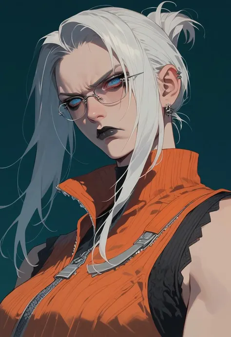 score_9, score_8_up, score_7_up, 1goth girl(Quistis Trepe (Final Fantasy VIII)), solo, white hair, long hair, sidelocks, folded ponytail, blue eyes, orange dress, sleeveless, zipper,  glasses, serious, disgust, from below, goth makeup, black lipstick