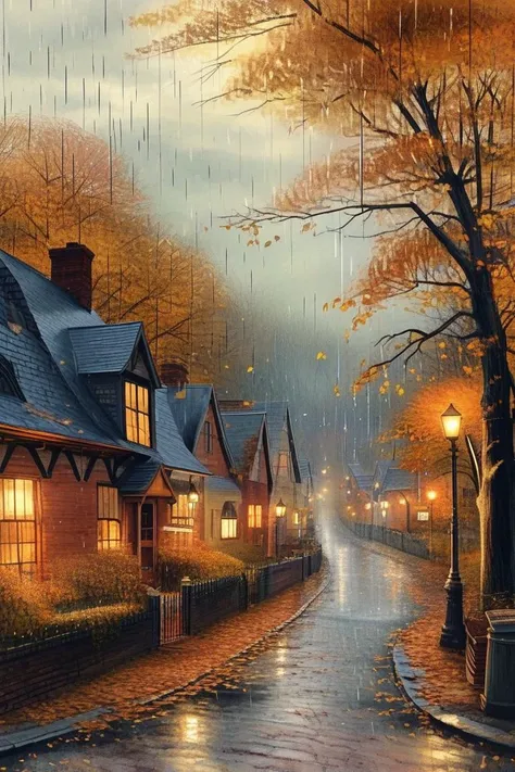 A stunning, hyper-realistic watercolor painting of a rainy autumn day, capturing the essence of a quaint, old-world village. The sky is overcast, with soft drizzles of rain, and the trees are shedding their golden, orange, and red leaves, which gently floa...