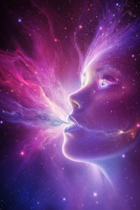 zavy-nbl, A stunning scene showing a smoking woman who is exhaling a massive cloud of interstellar gas nebula like smoke. Her form is also composed of cosmic elements, with nebula clouds outlining her eyes and lips, creating a sense of harmony between her ...