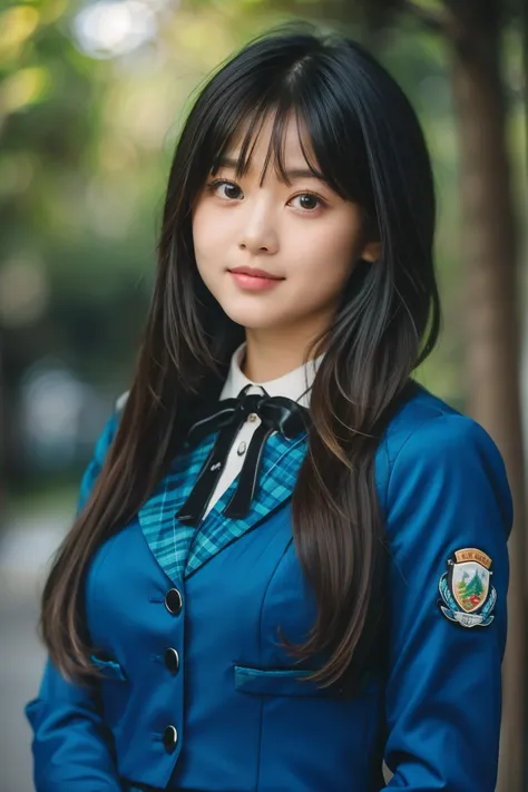 masterpiece,intricate,(upper body:1.2),depth of field,best quality,1girl,solo,plump,smile,asian,white skin,25y.o,beautiful,black hair,looking away,(wearing 12th single hinatazaka46 seifuku:1.3),black ribbon,(blue blazer:1.1),long sleeves,plaid,collared shi...