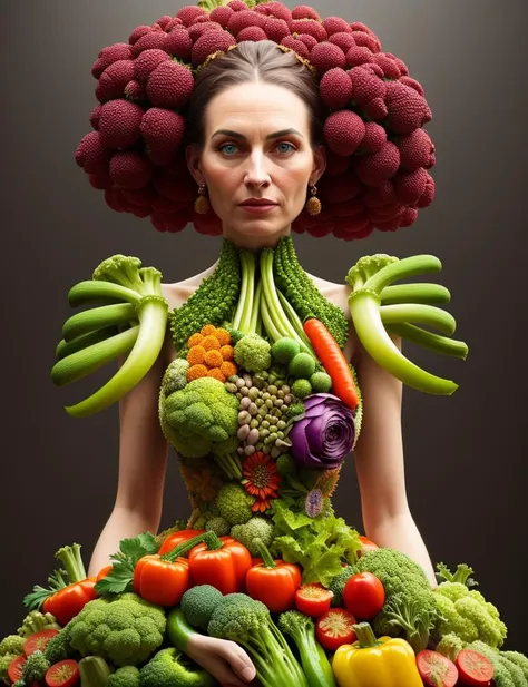 a woman in a dress made of vegetables , cinematic, insane details, intricate details, hyperdetailed, bright face