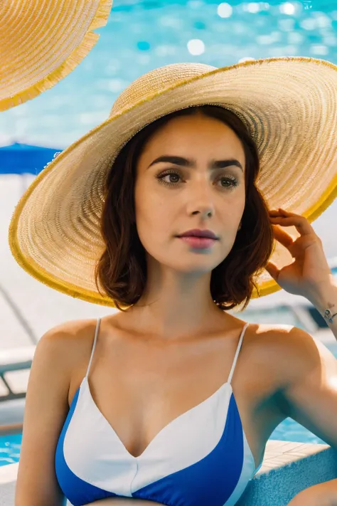 an up close portrait of lcn relaxing at the pool wearing , (wearing a pool sun dress), (wearing sun hat),  masterpiece, professional, high quality, beautiful, photoshoot, 4k, realistic, detailed background, abhorrent, real life, sci-fi, futuristic,<lora:Li...