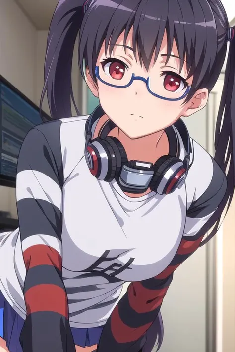 iorikousaka, <lyco:iorikousaka-lyco-nochekaiser:1>, 
iori kousaka, black hair, twintails, glasses, (red eyes:1.5),
BREAK skirt, thighhighs, pantyhose, (striped sleeves:1.5), shirt, headphones, t-shirt, clothes writing, semi-rimless eyewear, headphones arou...