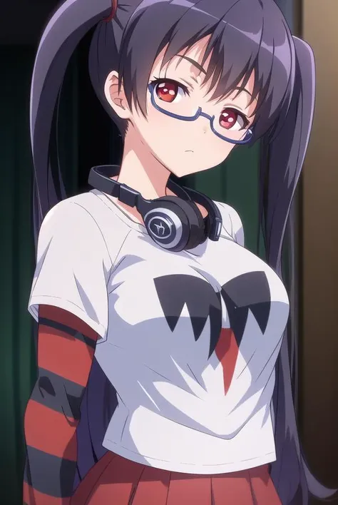 iorikousaka, <lyco:iorikousaka-lyco-nochekaiser:1>, 
iori kousaka, black hair, twintails, glasses, (red eyes:1.5),
BREAK skirt, thighhighs, pantyhose, (striped sleeves:1.5), shirt, headphones, t-shirt, clothes writing, semi-rimless eyewear, headphones arou...