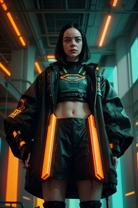 (sfw:1.2) [1girl:<lora:BLB:0.8> BellaBaxterTI a girl:0.0] wearing glittery cyberpunk pastel punk outfit, wild noir cyberpunk indoor structure, orange&teal-glow-style, concept art, digital artwork, illustrative, painterly, matte painting, highly detailed