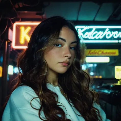 <lora:gabmoura_xl_1_standard_wo_cap-000083:1> Photo of a woman with long wavy hair,portrait,kodachrome, neon,cyberpunk,