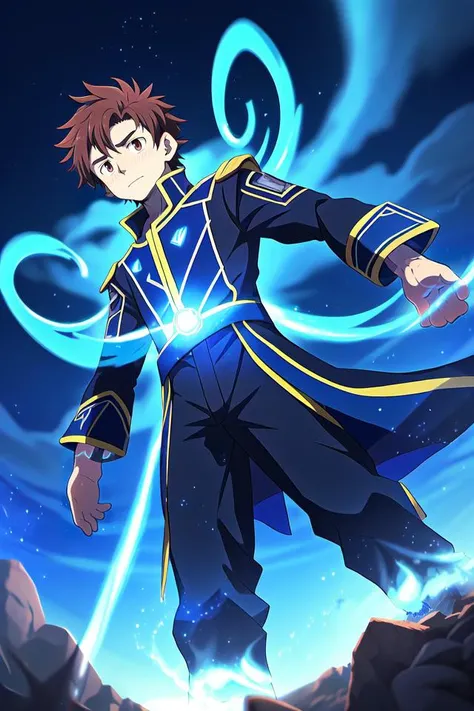 (Anime), fantasy, (seen from below, looking down at viewer), on mountain peak outcropping, Hologram wizard casting powerful spell, young teenage boy male with dark brown hair hazel eyes, wearing futuristic mage uniform, surrounded by swirling magical azure...