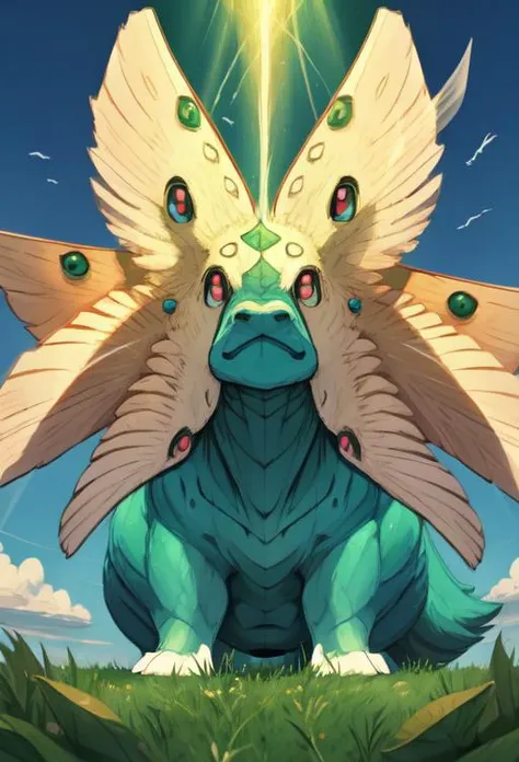 masterpiece, best quality, ultra high res, beautiful, visually stunning, elegant, incredible details,  w1ngs, extra eyes, faceless, covered eyes, mouth,  full body (Bulbasaur:0.7), floating, sky, clouds, (god rays:1.2), light rays, from below, barefoot,
<l...