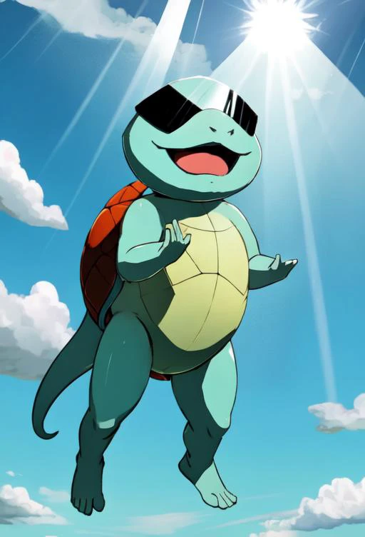 masterpiece, best quality, ultra high res, beautiful, visually stunning, elegant, incredible details,  w1ngs, extra eyes, faceless, covered eyes, mouth,  full body (sunglasses, Squirtle_Pokemon:0.8), floating, sky, clouds, (god rays:1.2), light rays, from ...