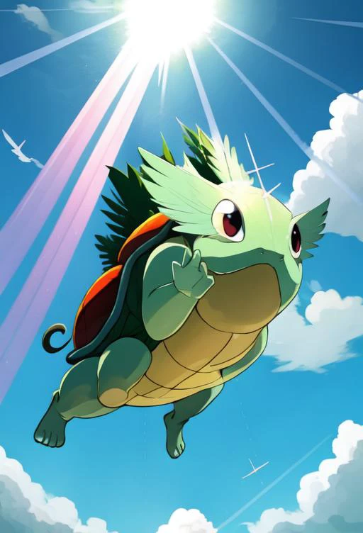 masterpiece, best quality, ultra high res, beautiful, visually stunning, elegant, incredible details,  w1ngs, extra eyes, faceless, covered eyes, mouth,  full body (sunglasses, Squirtle_Pokemon:0.8), floating, sky, clouds, (god rays:1.2), light rays, from ...