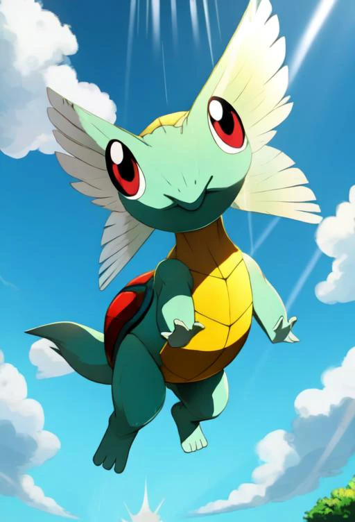 masterpiece, best quality, ultra high res, beautiful, visually stunning, elegant, incredible details,  w1ngs, extra eyes, faceless, covered eyes, mouth,  full body (Squirtle_Pokemon:0.8), floating, sky, clouds, (god rays:1.2), light rays, from below, baref...