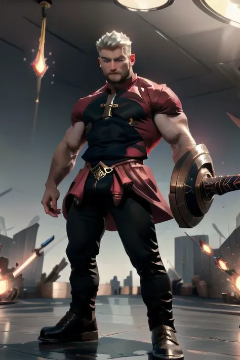 a man in a red shirt and black pants holding a sword