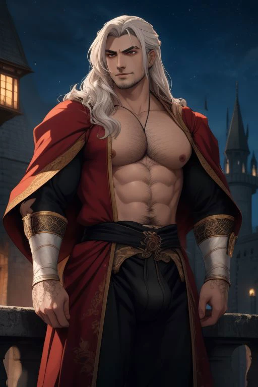 Highly detailed, High Quality, Masterpiece, beautiful man, masculine, bara, athletic, long white hair, vampire, ((detailed eyes:1.2)), renaissance clothes, bulge, bare chest, hairy, ((night)), castle background, vintage anime style, depth of field, detaile...