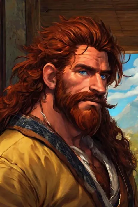 RAW photo, homo, candid, masterpiece, hyper realistic, photorealistic, high quality, photo a tanned large hairy  muscle daddy with long ginger hair and beard , extremely handsome detailed face,  looking at viewer over shoulder