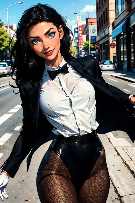 zatanna, black hair,blue eyes, bowtie, gloves, pantyhose, black coat, white shirt, black leotard, fishnet, looking at viewer, smiling, portrait, outside, blue sky, extreme detail, masterpiece,  <lora:zatanna:.6>