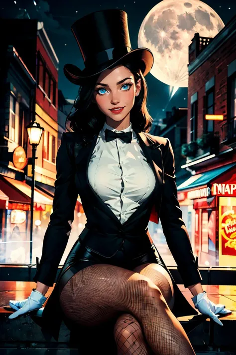 zatanna, black hair,blue eyes, bowtie, gloves, pantyhose, top hat, black coat, white shirt, black leotard, fishnet, looking at viewer, smiling, happy, 
sitting, legs crossed, outside, carnival, night time, moon, neon lighting,  extreme detail, masterpiece,...