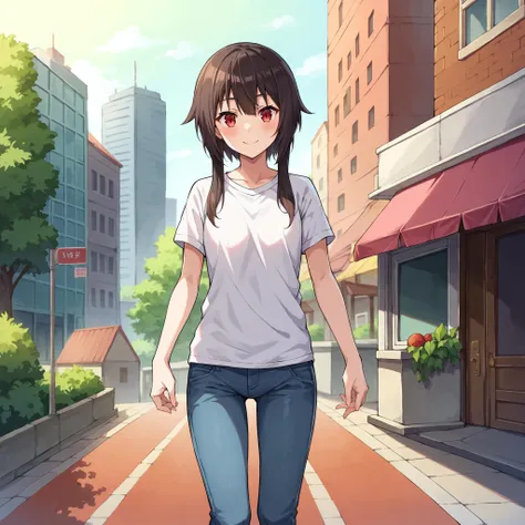 anime girl walking down a street with a skateboard in her hand