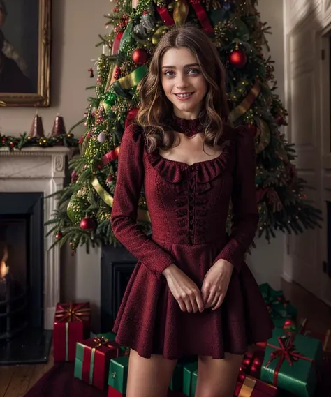 arafed woman in a red dress standing in front of a christmas tree