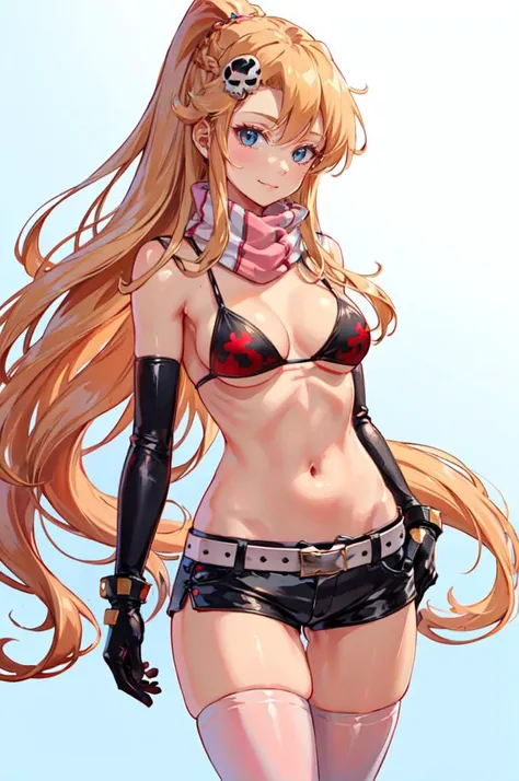 <lora:YokoOutfitV6:0.6> NCLO, bikini_top_only, black_shorts, belt, skindentation, skull_hair_ornament, short_shorts, black_gloves, pink_thighhighs, elbow_gloves, bare_shoulders, thighs,, ultra detailed, masterpiece, best quality, aesthetic, detailed,, solo...