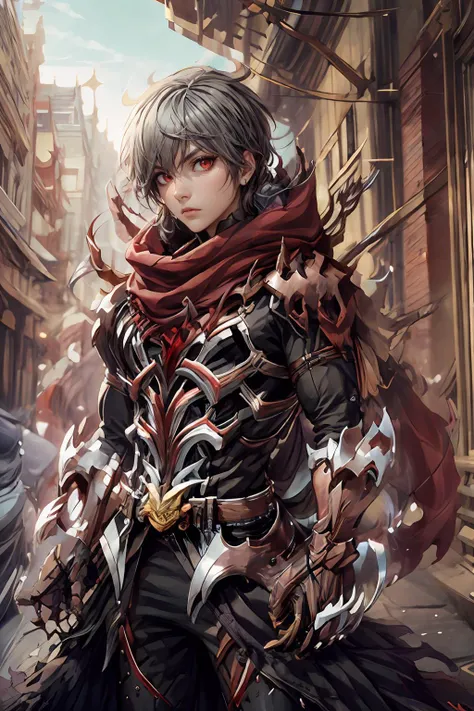 (masterpiece, best quality:1.2), absurdres, intricate detail, highres, 1boy, solo, black hair,  red eyes, fierce, red scarf, ragnarok_gx  <lora:ragnarok_gx-10:1>, cowboy shot,  looking at viewer, arabian architecture background, <lora:add_detail:0.8> <lora...