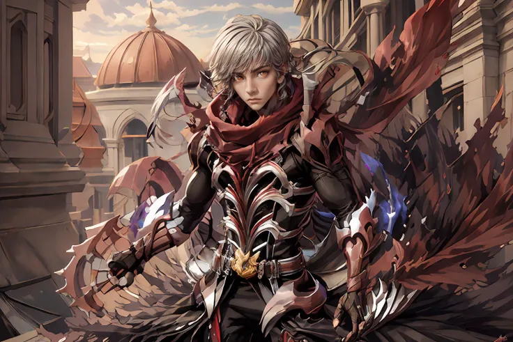 (masterpiece, best quality:1.2), absurdres, intricate detail, realistic, photorealistic, 4k, highres, 1boy,  silver hair,  orange eyes, red scarf, ragnarok_gx  <lora:ragnarok_gx-10:1>, cowboy shot,  looking at viewer,  arabian architecture background, dyna...