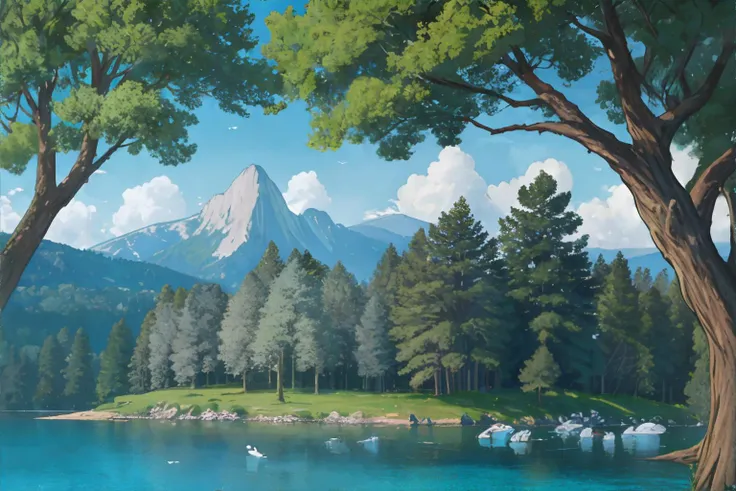 painting of a lake with a mountain in the background