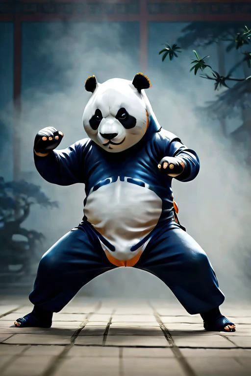 a close up of a person in a panda suit doing a karate pose