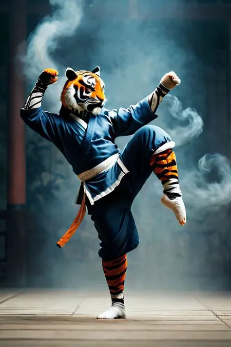 a close up of a person in a tiger costume doing a kick