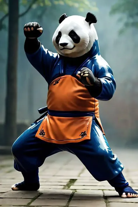 araffe dressed in a blue and orange outfit doing a karate pose