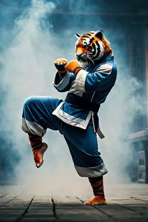 a close up of a person in a tiger costume doing a kick