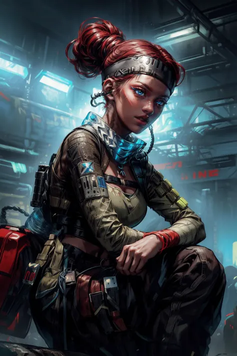 (Masterpiece:1.4), (best quality:1.2), <lora:Apex_Legends_Lifeline:1>, lifeline (apex legends), 1girl, white-skinned female, crop top, detached sleeves, headband, pants, hair bun, mask around neck, red hair, headset, upper body, smiling, blue eyes, open mo...