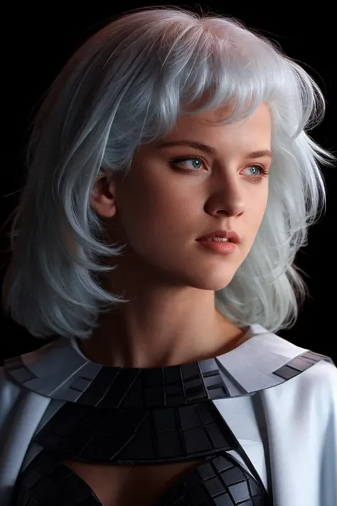 <lora:ZBR:1> woman, upper body, highly detailed, black background, white hair, wearing a white cape