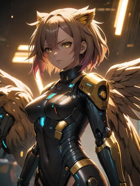 a woman in a black and gold outfit with wings