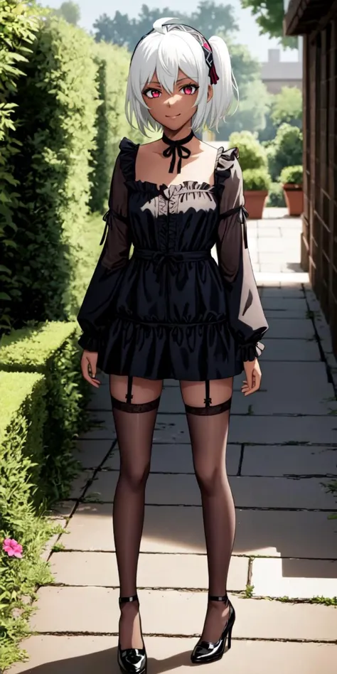 full body, evil smile BREAK myne bnb, (dark skin:1.1), white hair, short hair, red eyes, side ponytail, ahoge, headdress, tattoo BREAK (nightgown, miniskirt, thighhighs, high heels:1.2) BREAK garden field, trees <lora:chara_BoushokuNoBerserk_Myne_v1:0.7> <...