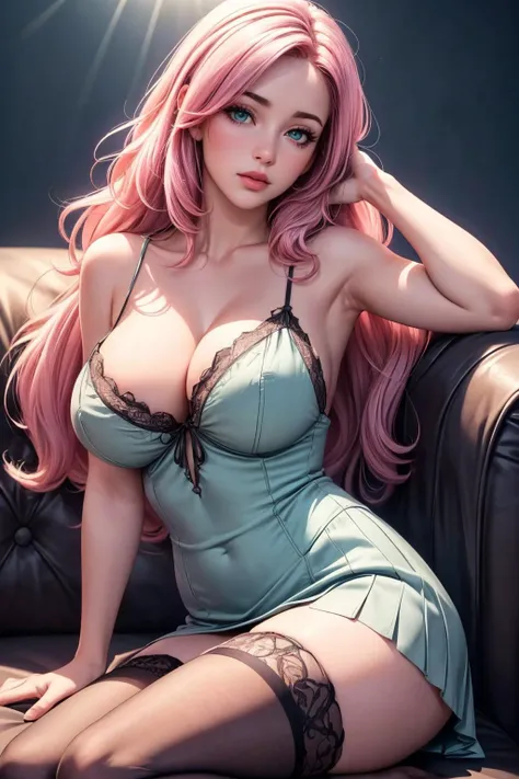 (ultra realistic,32k, masterpiece:1.2),(high detailed skin:1.1), 8k uhd, dslr, high quality, (thicklips),
 1girl,pink hair, long hair,(aqua eyes:0.9), <lora:Nightgown By Stable Yogi:0.8>Linen nightgown, miniskirt, thighhighs,, , <lora:add_detail:0.83>, hug...