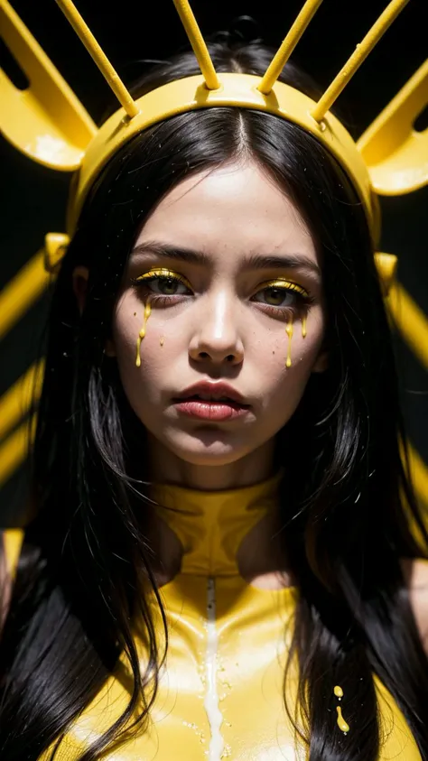 a painting of a woman with yellow forks sticking out of his face, dripping in neon paint, surreal black and yellow, by Antoni Pitxot, neon paint drip, neon, dripping paint, face melting, melting and dripping. eerie, inspired by Nick Gentry, inspired by Rob...