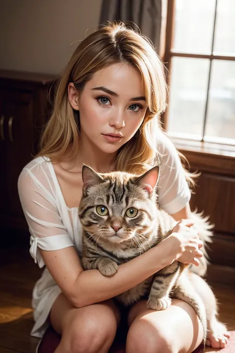 intricate detail, blonde,edgInf_woman,edgInf_face,edgInf_body, charming scottish fold kitty, nervous demeanor, folded ears, round eyes, twitchy tail, soft pastel fur, sweet anxiety, gentle disposition, perfect lighting, perfect shading <lora:edgInfluencerD...