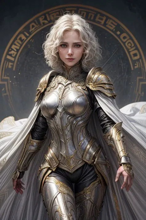 beautiful female paladin, short white curly hair, 35 years Old, high neck, white and Gold plate armor, cape, plate pants, strong face, detailed eyes, dark eyes, small bossom, full body, smiling