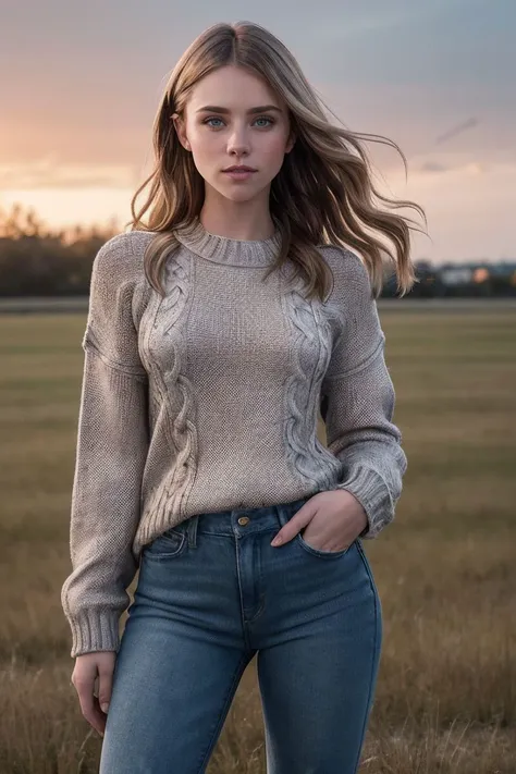 a woman in a sweater and jeans standing in a field