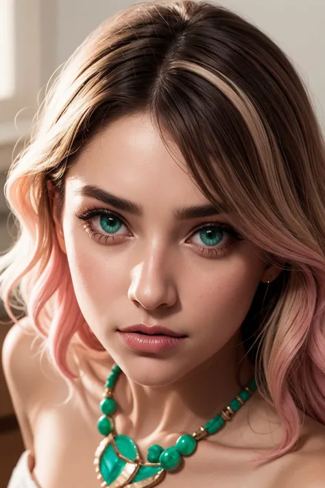 (face close up, Food Photography of Gourmet girl:0.8), from above, Doubt emotion, Pastel pink Textured waves, Round Face Shape, (Ivory skin:0.6), Two-toned lips, Opera necklace, Emerald eyes, Nasal wing nose, Festival, skin pores, shiny skin, (Hazy atmosph...