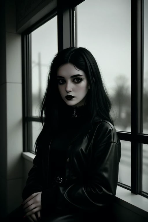 a close up of a woman with long black hair sitting in a window