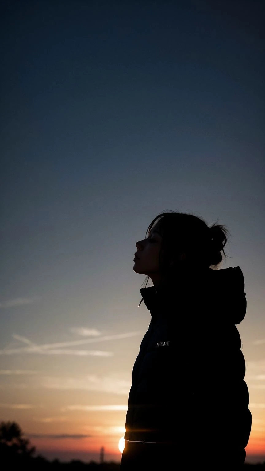 a woman standing in the sunset with her back to the camera