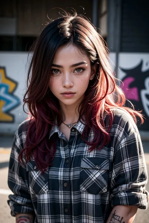 a woman with red hair and tattoos standing in front of a graffiti wall