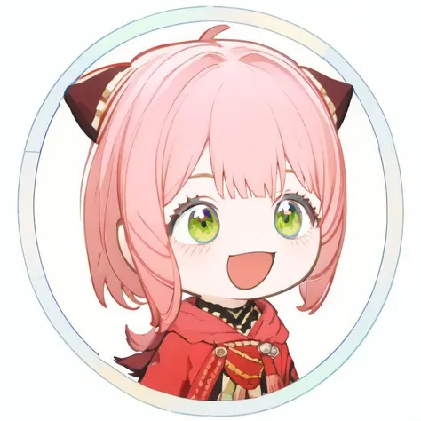 anime character with pink hair and green eyes in a circle